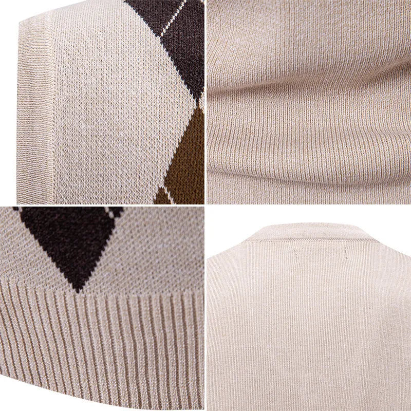 Men's plaid pullover leisure sweater in modal-spandex, loose fit, available in gray black khaki blue navy blue brown