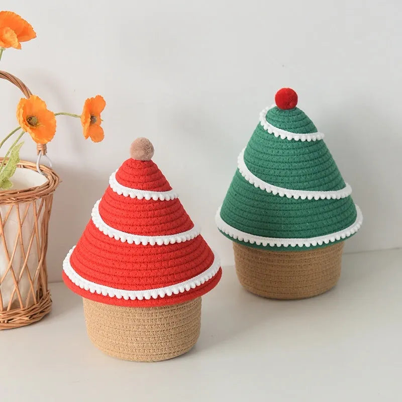 Christmas storage basket made of cotton thread with green and red festive colours for hallway organisation