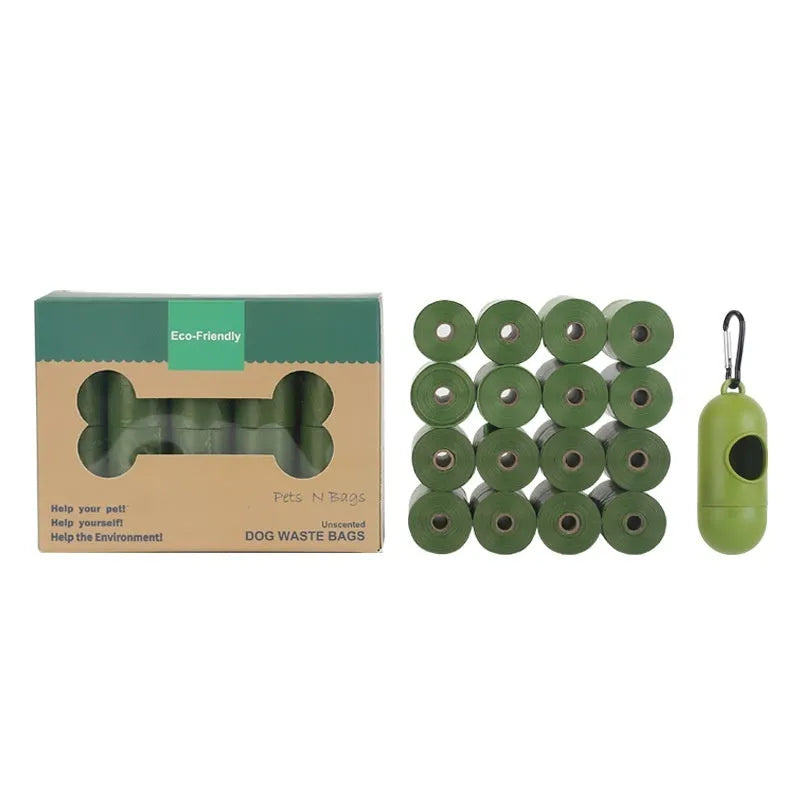 EPI degradable dog waste bags in green, black, blue, purple and orange colours with wall-mounted dispenser