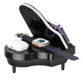 Black multi-function Bluetooth speaker with wireless charger and phone holder showing LED lighting