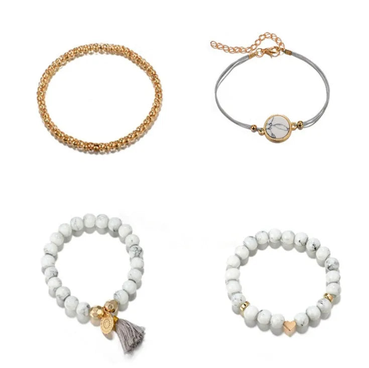 Geometric creative hollow fringed pine stone bracelet four-piece set in white alloy with electroplated finish
