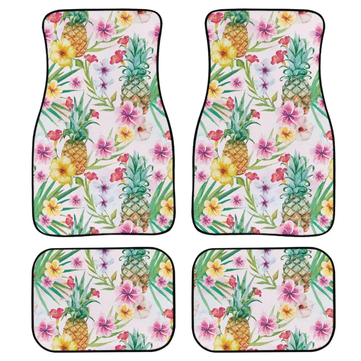 Set of four black printed rubber car foot mats with textured surface, showing 20mm thickness.
