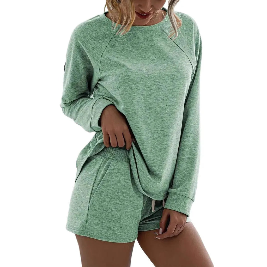 Women's round neck long sleeve top and shorts home sports suit in light blue, grey, pink, green and black