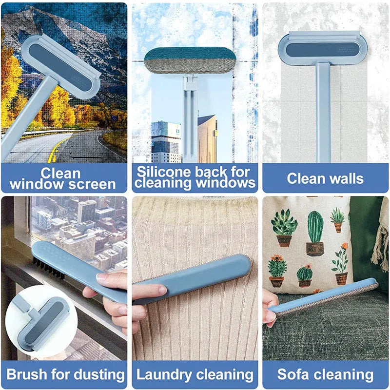 Multifunctional plastic cleaning brush with soft flannel head and extension handle for pet hair and dust.