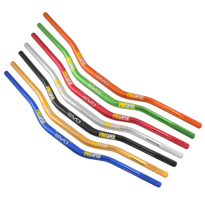 Orange aluminium alloy scrambling motorcycle handlebar showing 80cm width and 10cm rise dimensions