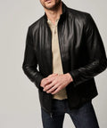 Men's black polyester retro jacket with straight hem and long sleeves