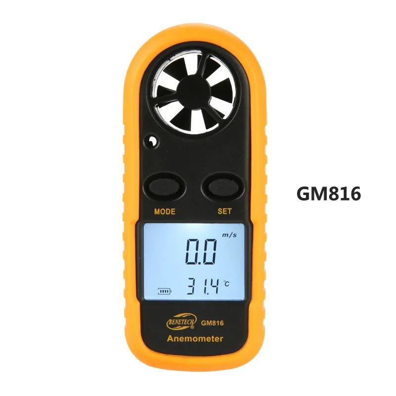 Orange digital portable wind speed measuring instrument showing display and compact handheld design