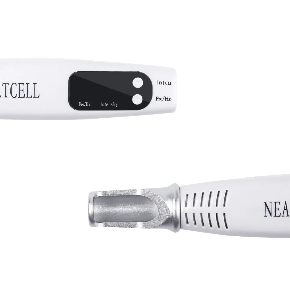 Picosecond laser pen in blue and red colours for tattoo removal and dark spot treatment, with charge cable and safe goggles