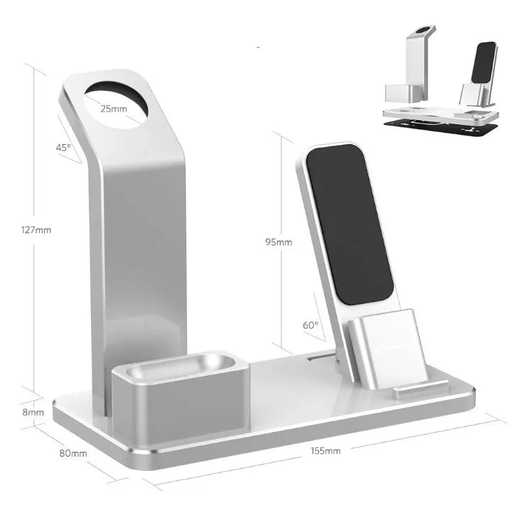 Three-in-one charging bracket for Apple Watch, phone, and headset in aluminium alloy with silicone mat