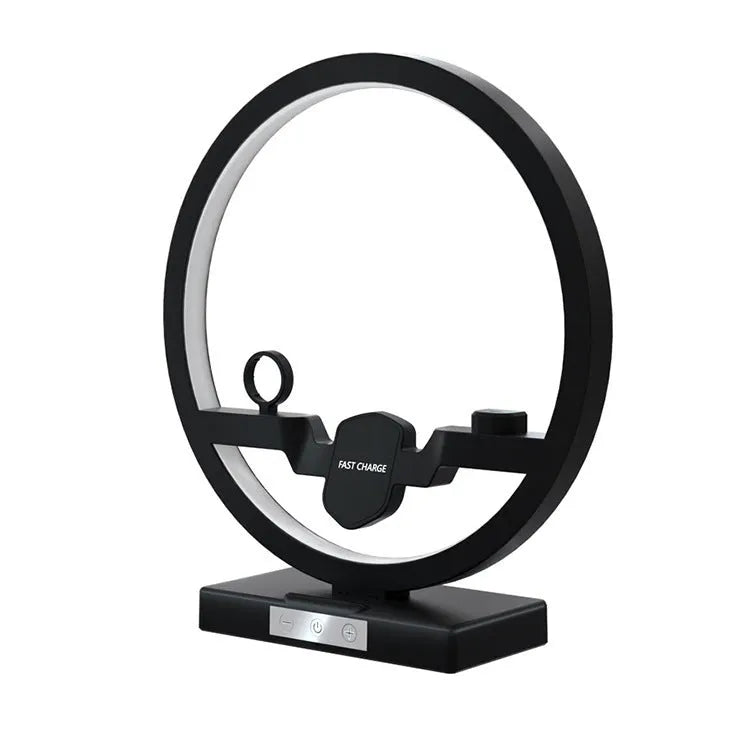 Black 3 in 1 wireless charger stand with ring light for phone watch and headset