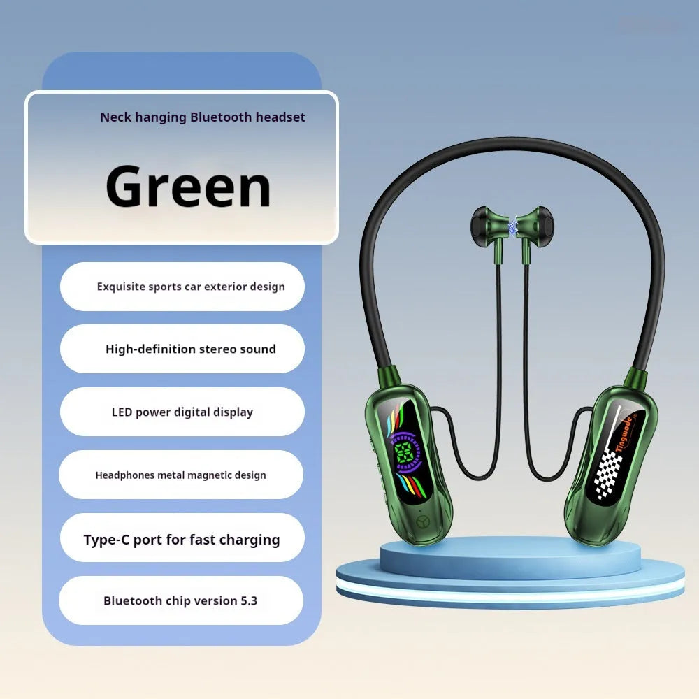 Neck-mounted Bluetooth headset in gun gray with digital display, ABS TPE body and neck-hanging sports design
