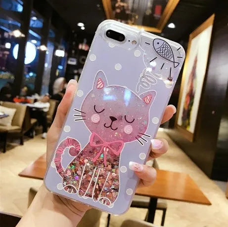 Four colourful cat phone cases with glitter for iPhone models 6 to X