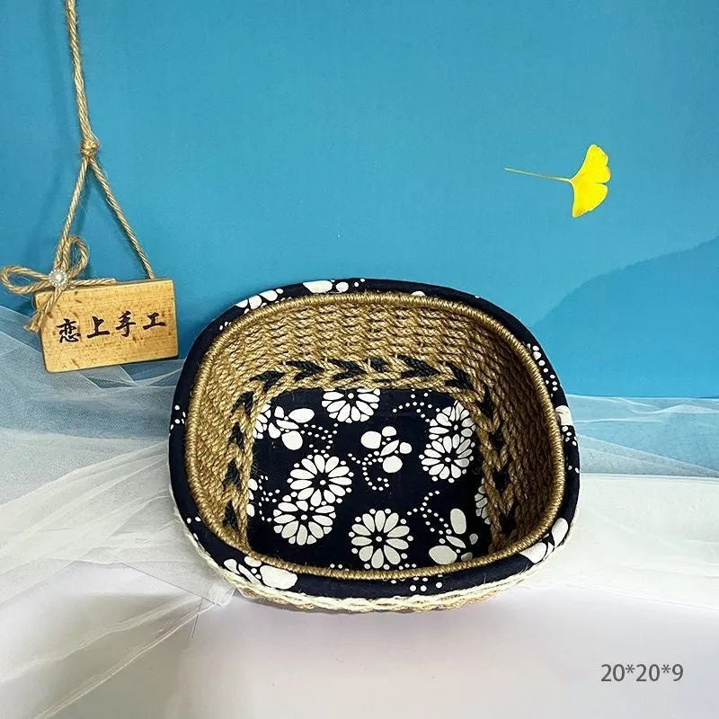Blue square hand-woven twine storage basket for coffee table desktop small items