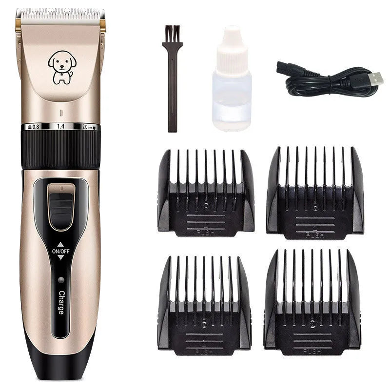 Dog shaver with titanium ceramic blade, 4 guide combs, charging cable, and accessories on white background