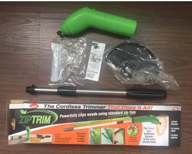 Cordless lawn trimmer with ABS nylon body, 37.5cm length, extension pole, and protective debris shield for garden weeding