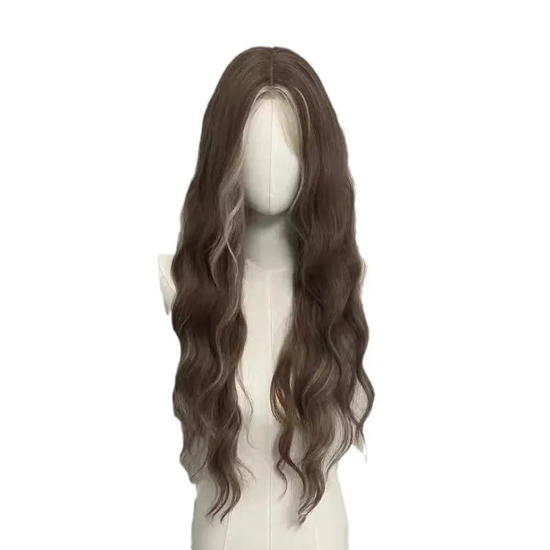 Long curly gray golden highlight synthetic wig with lace front design, shown with a hair net.