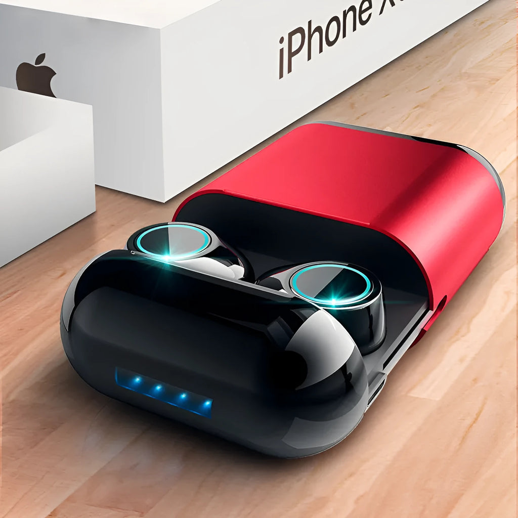 Black wireless Bluetooth TWS earbuds with charging case showing true wireless design