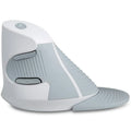 Black and white M 618 wireless vertical ergonomic mouse with USB receiver on a wooden desk.