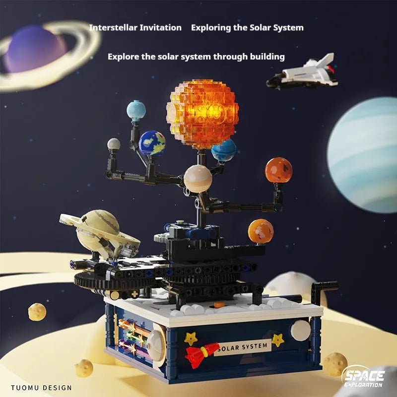 Rotating solar system building block model with plastic small particles for teenagers