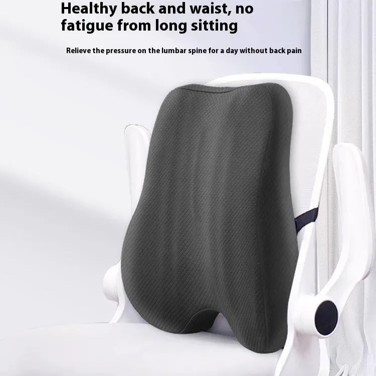 Grey ergonomic lumbar support cushion for an office chair, showing its 40x40x8cm size.