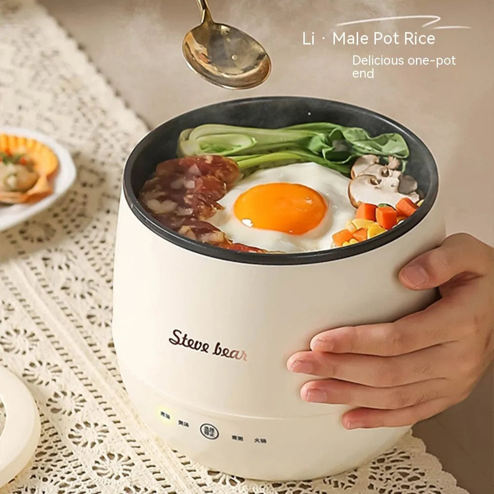 Household mini multi-function rice cooker in beige with steamer attachment, 1.8L capacity, 18x16cm