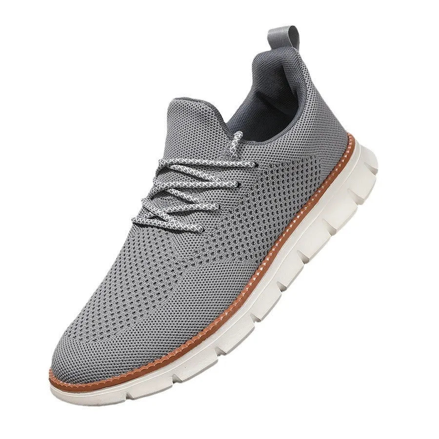 Men's grey mesh fabric casual sneakers with round toe and low heel design