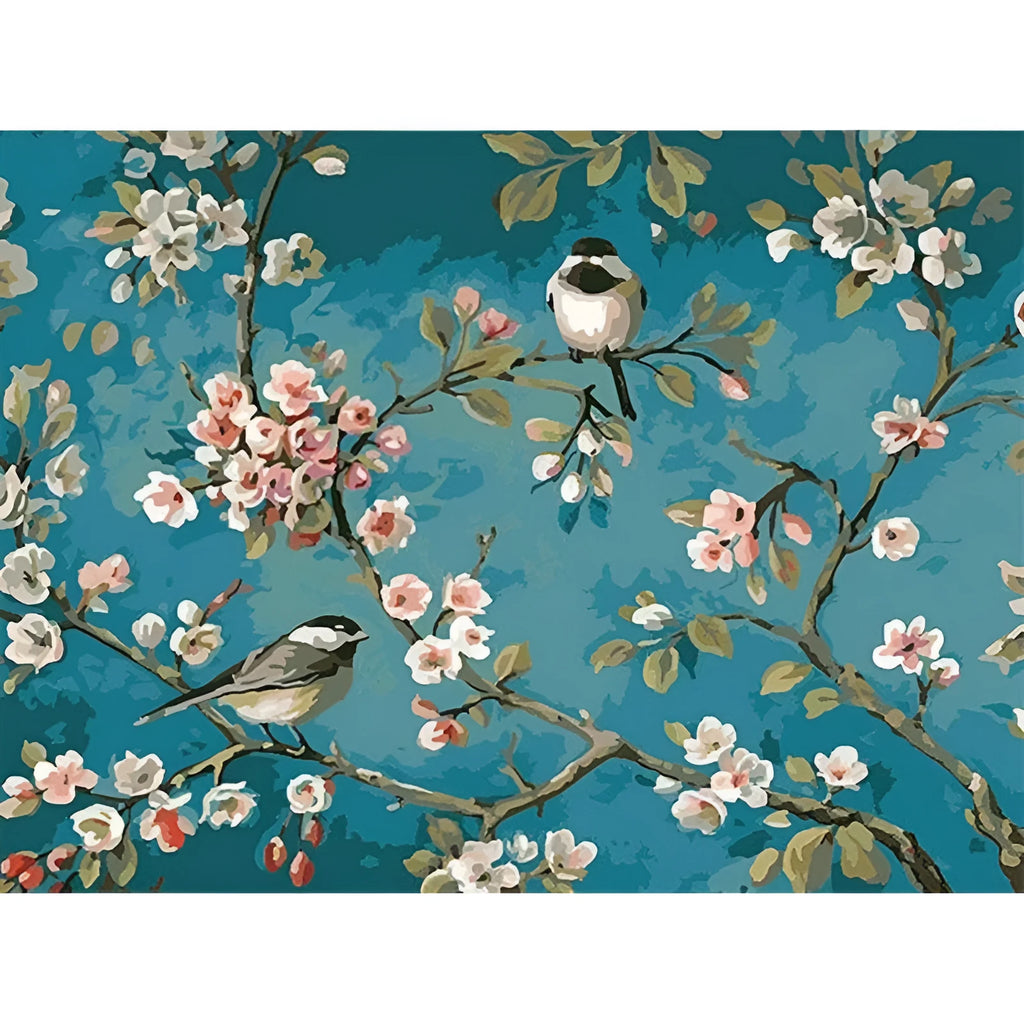 Hand-painted abstract blue flowers and birds artwork on linen canvas 40x50cm