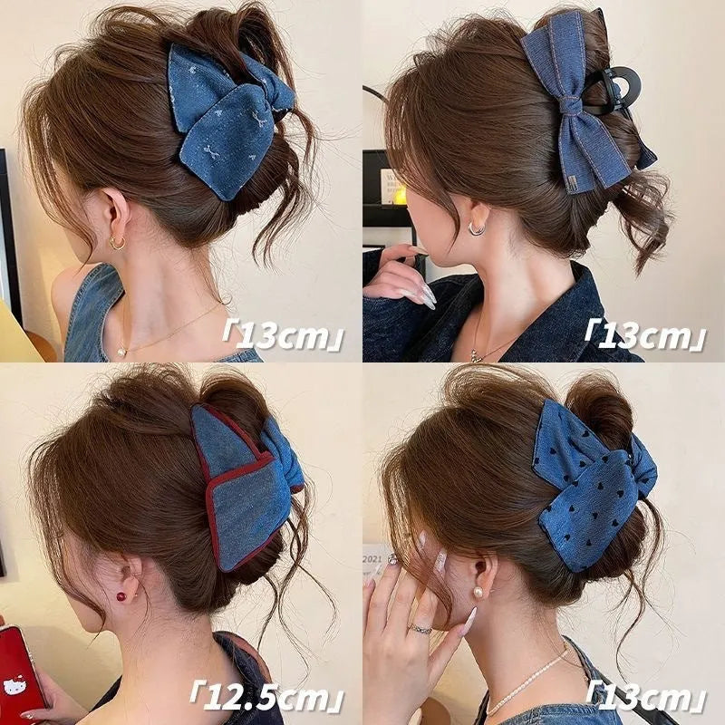 Handmade plastic hairpin with love denim bow triangle grip hair clip for women