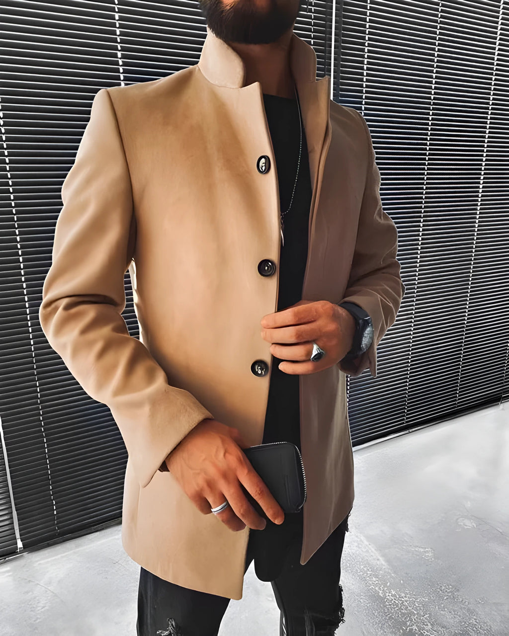 Men's brown stand-up collar mid-length woolen coat jacket on a plain background