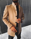 Men's brown stand-up collar mid-length woolen coat jacket on a plain background