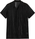 Men's knitted short-sleeve button shirt in black with a cardigan style front.