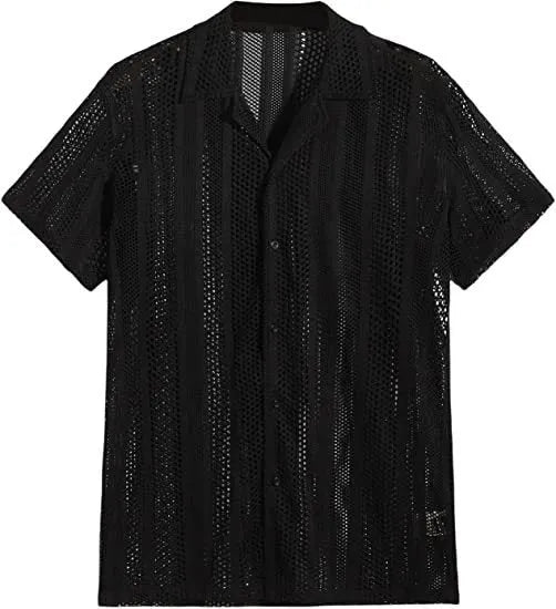Men's knitted short-sleeve button shirt in black with a cardigan style front.