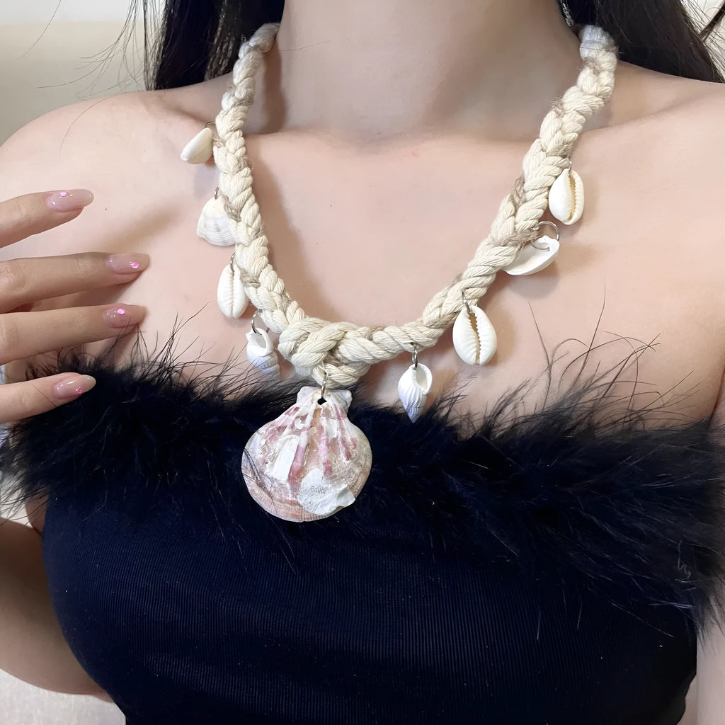 Fashionable casual shell pendant braided rope necklace for women, adjustable 51-60cm, electroplated finish, main image style