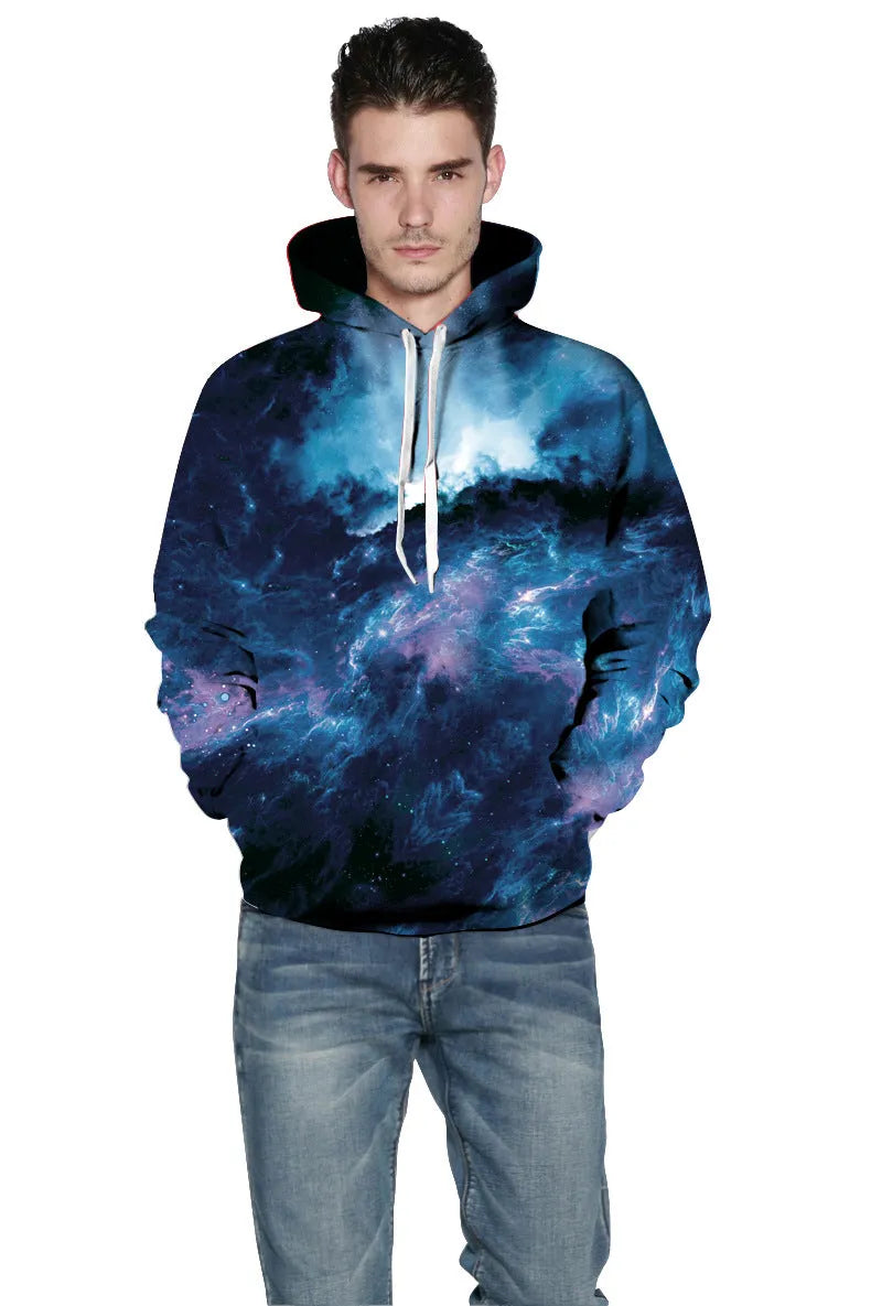 Deep blue galaxy hoodie polyester spandex pullover front view showing size range S to 3XL