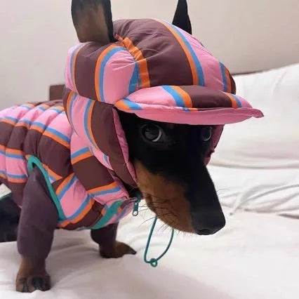 Dirty pink striped dog vest with matching hat for autumn and winter wear