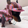 Dirty pink striped dog vest with matching hat for autumn and winter wear