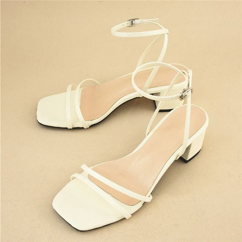 Beige women's square toe sandals with chunky stiletto heel and ankle buckle