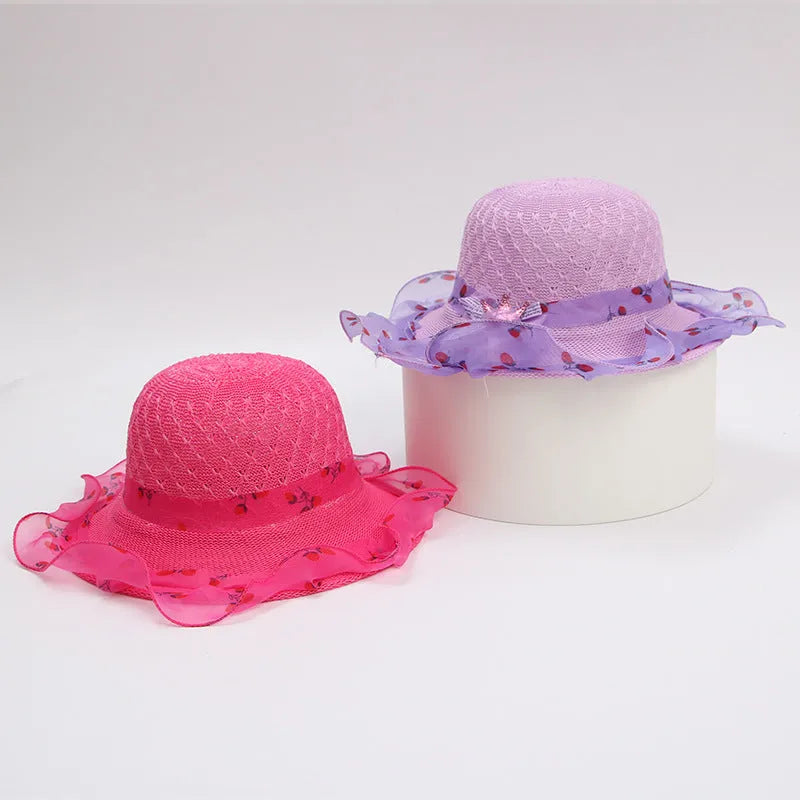 Princess straw hat for children aged 2-7 in beige with wide brim for sun protection