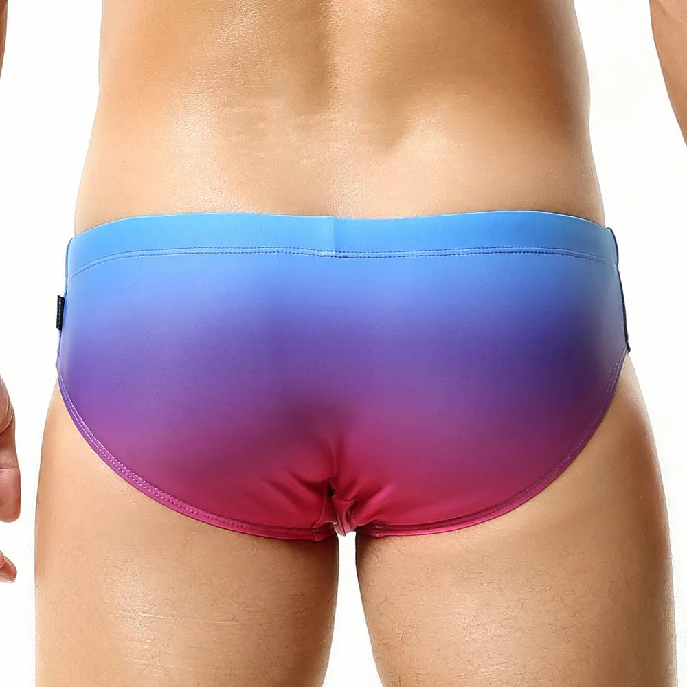 Men's solid colour polyester triangle swim trunks in Blue, Gray, Green, Rose Red, sizes M to XXL