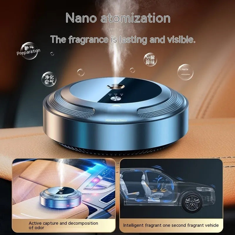 Compact zinc alloy car air freshener with automatic spray and vehicle logo design