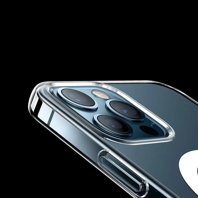 Clear magnetic back cover case for iPhone on a table, showing MagSafe ring and raised screen edge.