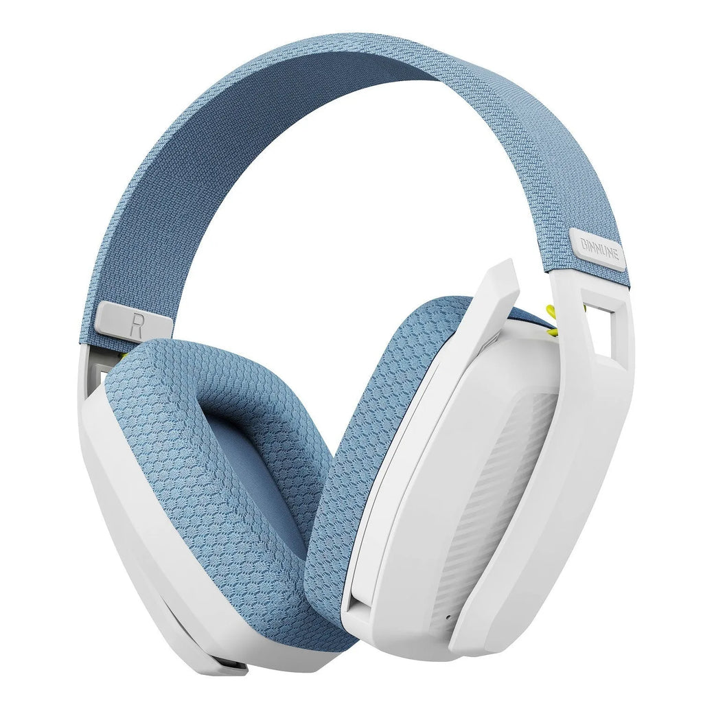Bluetooth 5.3 and 2.4G dual-mode head-mounted headset with mesh earmuffs and microphone, shown in black.