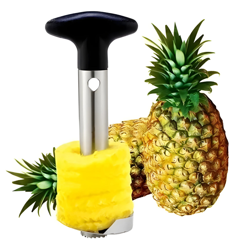 Stainless steel pineapple corer slicer with black plastic handle on a kitchen worktop.