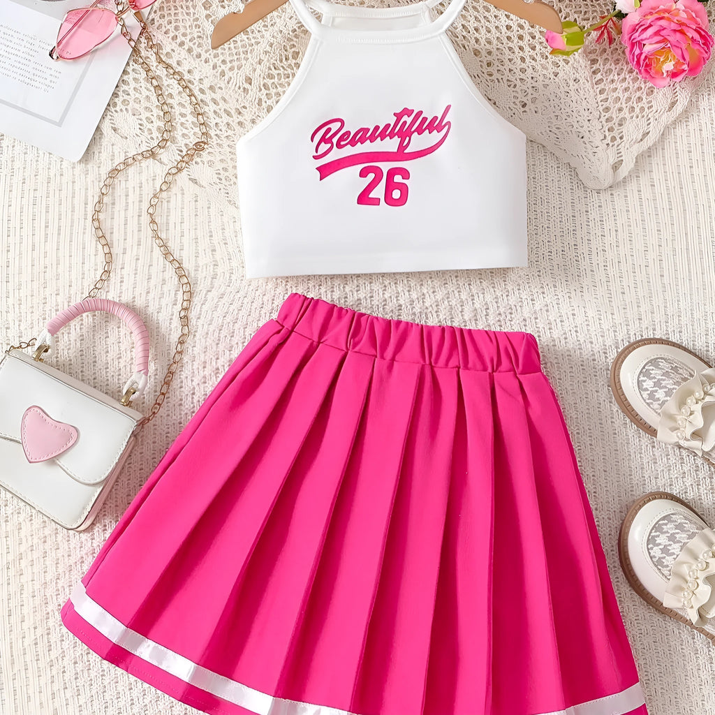 Children's dance performance costume set with two piece sling top and skirt in polyester fibre