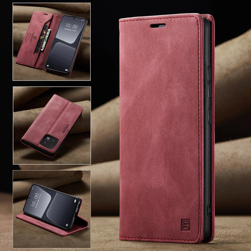 Frosted vintage flip leather phone case for Xiaomi 14 in black with front cover open