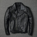 Harley's cowhide leather motorcycle jacket for men, black, short length, skinny fit, with lapel collar and zipper front
