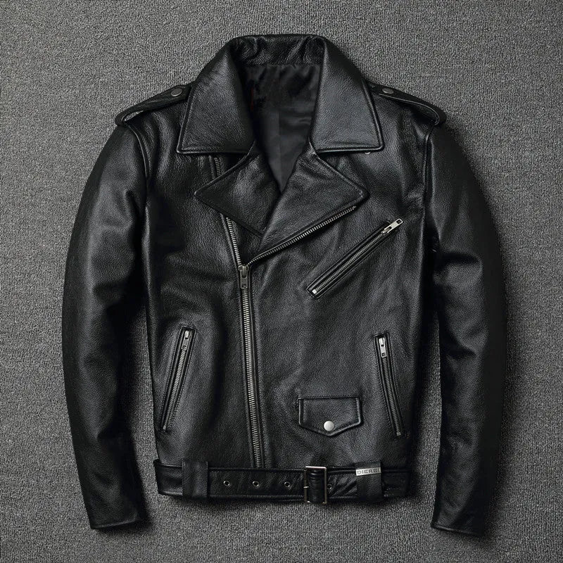 Harley's cowhide leather motorcycle jacket for men, black, short length, skinny fit, with lapel collar and zipper front