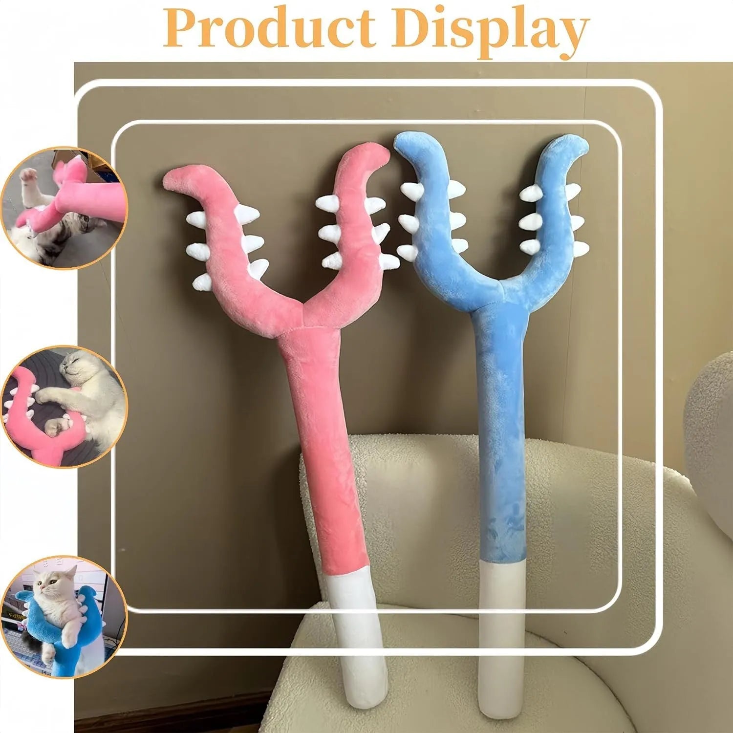 Blue plush cat wand toy with foam-filled head measuring 70cm length