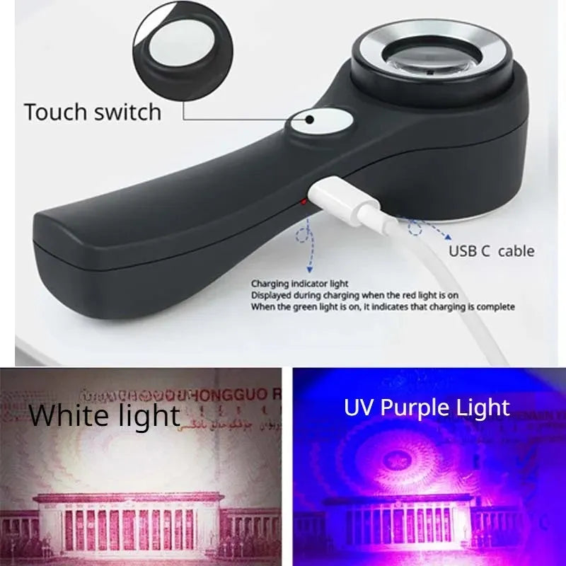 Black or silver rechargeable magnifying glass with optical glass lens and USB-C cable for appraisal work.