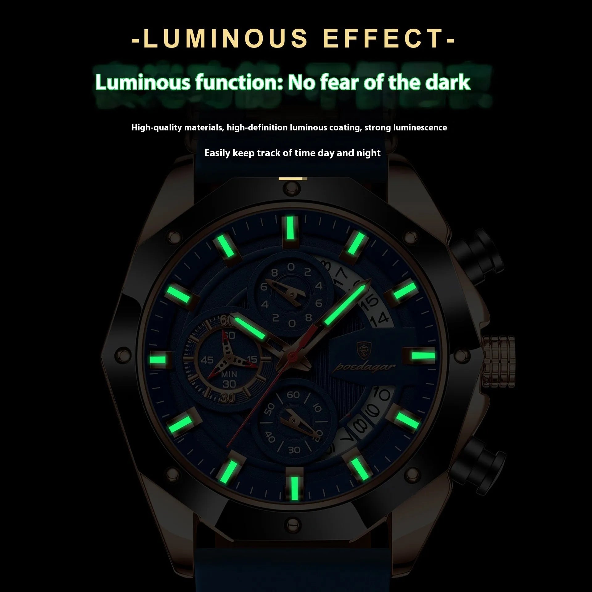 Men's chronograph sports watch with a black silicone strap and silver alloy case on a wrist.